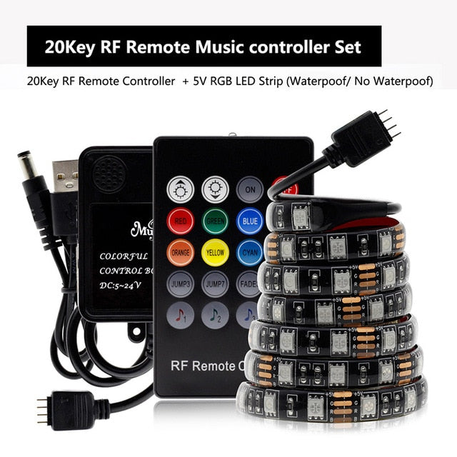 5V USB LED Strip 5050 RGB TV Background Lighting 60LEDs/m With Music Controller 50cm 1m 2m Set.